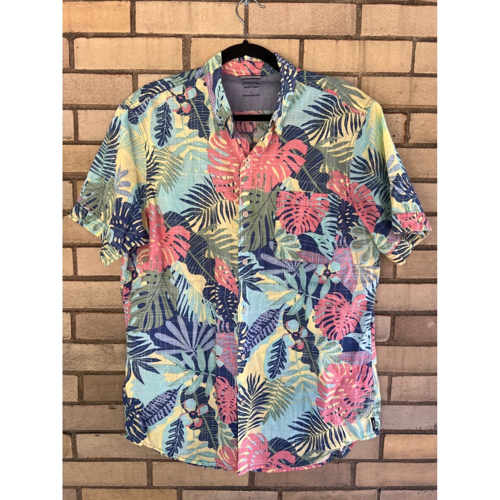 IZOD Saltwater Tropical Palm Floral Short Sleeve Button Down Shirt Large